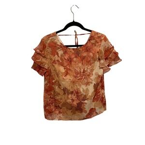 NWT Luxology  Small Orange Floral Metallic Lurex Ruffle Sleeve Blouse T883553C34